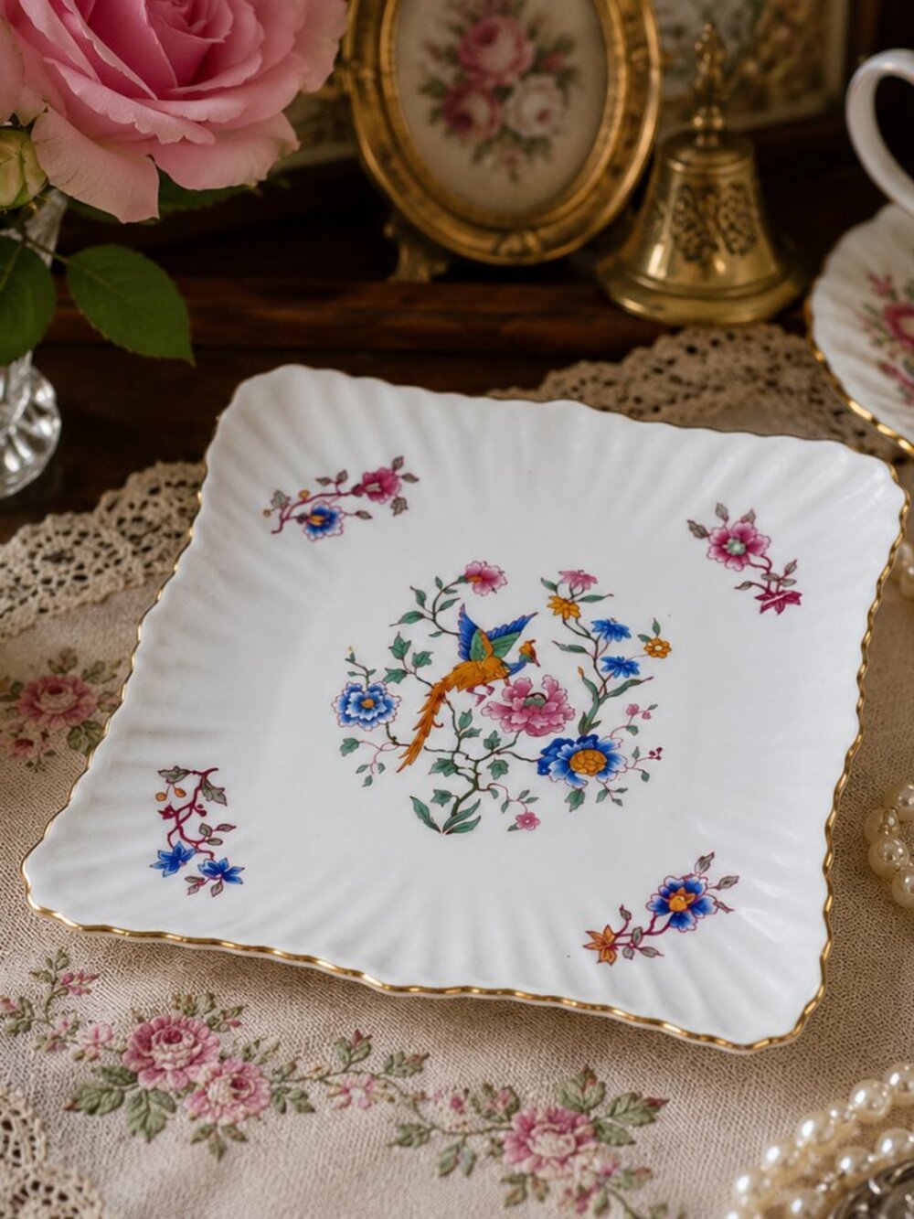 Vintage Hammersley Bird of Paradise Square Dish 5.75” Fine Bone China England Go